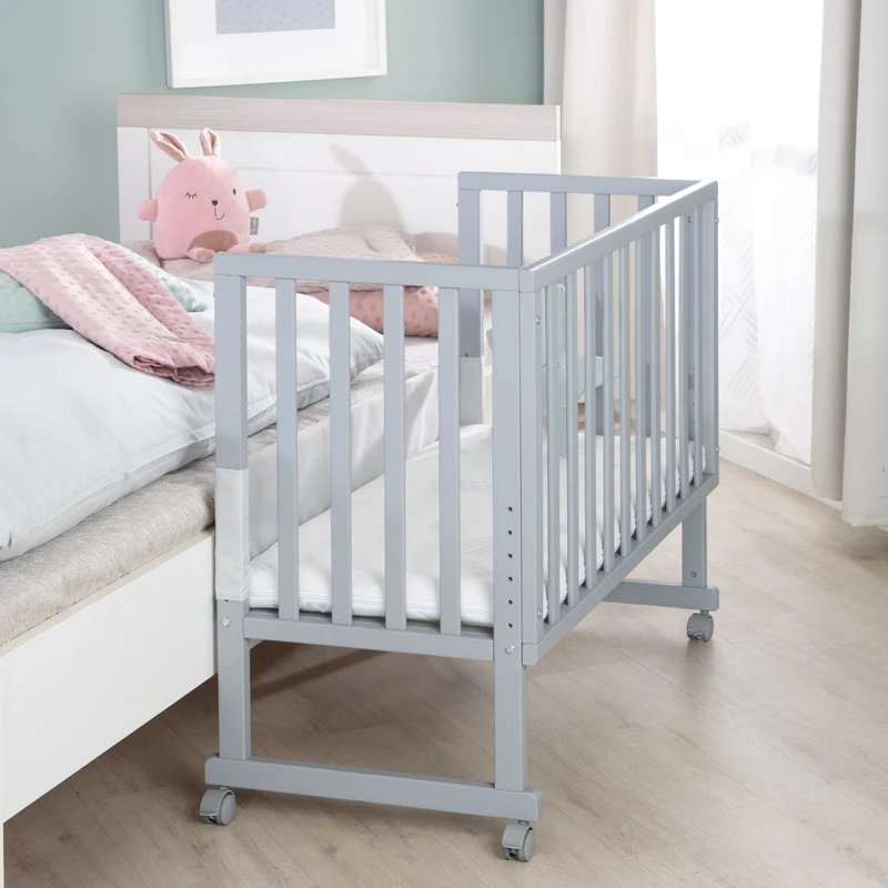 Stuben-/Beistellbett "roba Style" – 3 in 1 mit Barriere, Holz grau, inkl. Matratze u. Nestchen