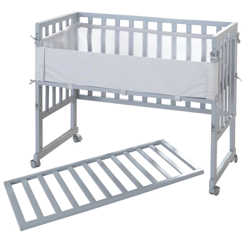 Stuben-/Beistellbett "roba Style" – 3 in 1 mit Barriere, Holz grau, inkl. Matratze u. Nestchen