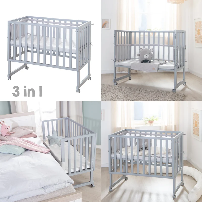Stuben-/Beistellbett "roba Style" – 3 in 1 mit Barriere, Holz grau, inkl. Matratze u. Nestchen