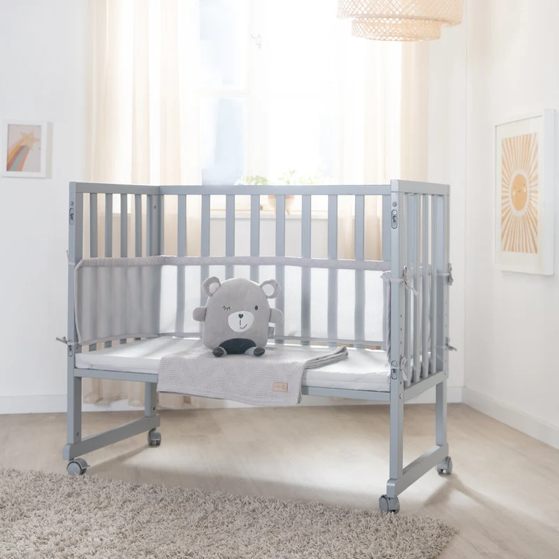 Stuben-/Beistellbett "roba Style" – 3 in 1 mit Barriere, Holz grau, inkl. Matratze u. Nestchen