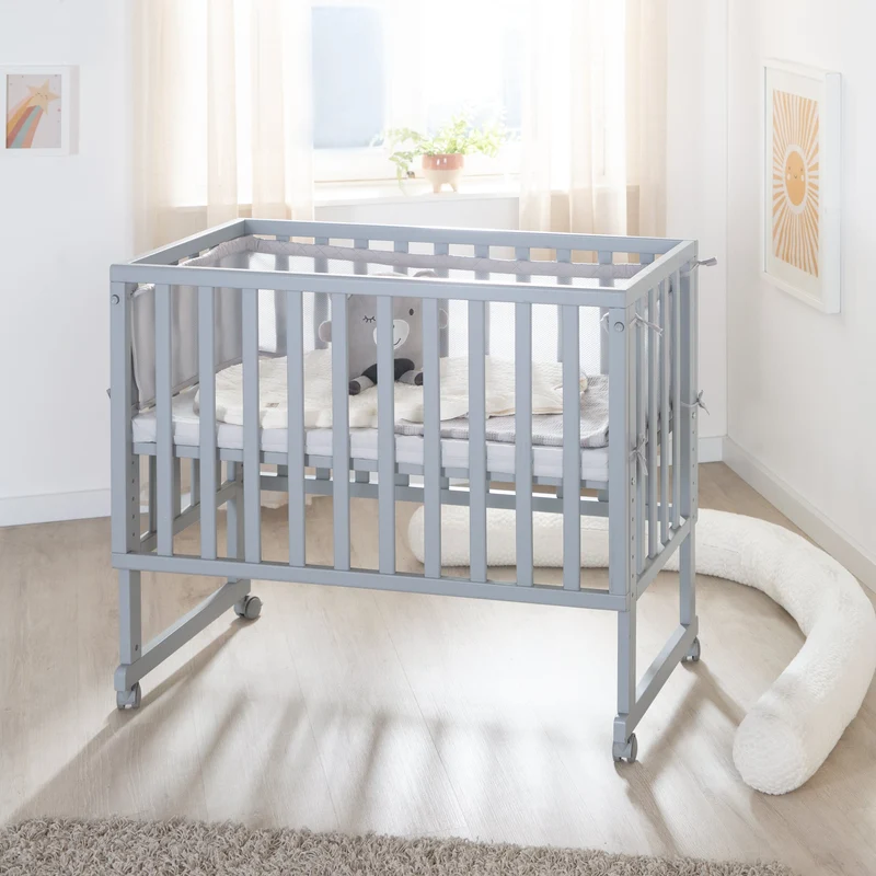 Stuben-/Beistellbett "roba Style" – 3 in 1 mit Barriere, Holz grau, inkl. Matratze u. Nestchen