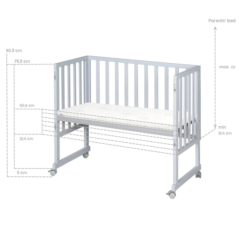 Stuben-/Beistellbett "roba Style" – 3 in 1 mit Barriere, Holz grau, inkl. Matratze u. Nestchen