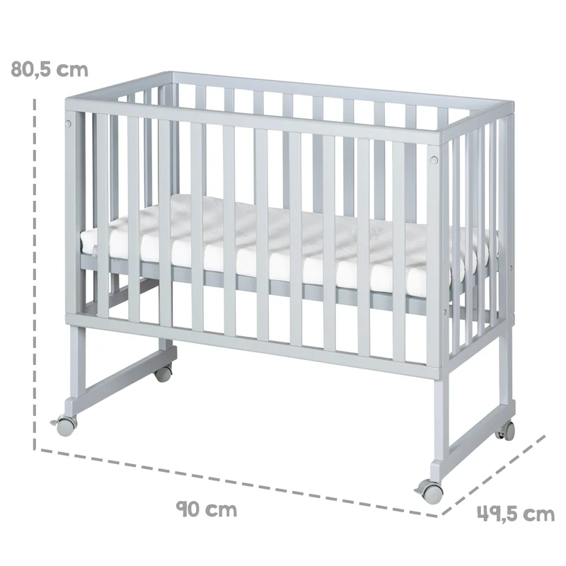 Stuben-/Beistellbett "roba Style" – 3 in 1 mit Barriere, Holz grau, inkl. Matratze u. Nestchen