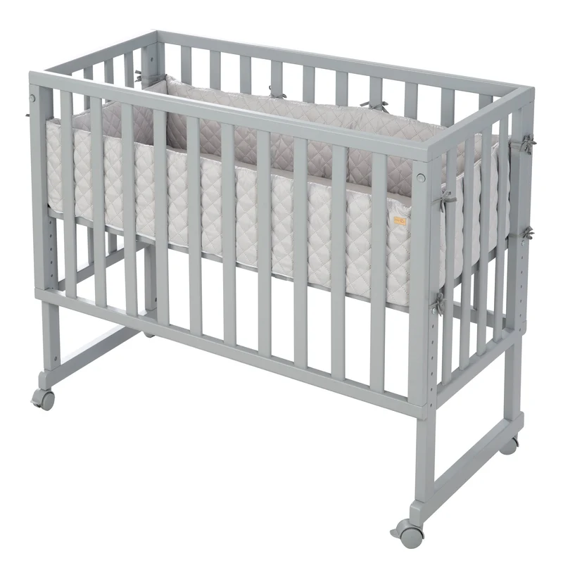 Stuben-/Beistellbett "roba Style" – 3 in 1 mit Barriere, Holz grau, inkl. Matratze u. Nestchen