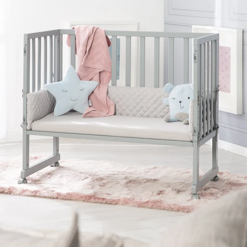 Stuben-/Beistellbett "roba Style" – 3 in 1 mit Barriere, Holz grau, inkl. Matratze u. Nestchen