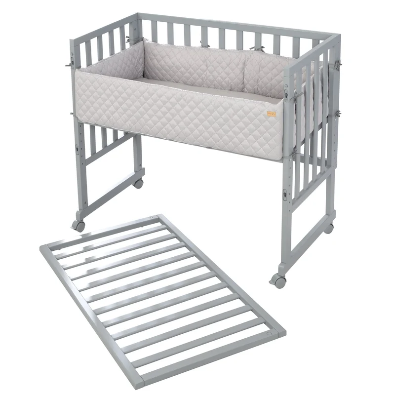 Stuben-/Beistellbett "roba Style" – 3 in 1 mit Barriere, Holz grau, inkl. Matratze u. Nestchen