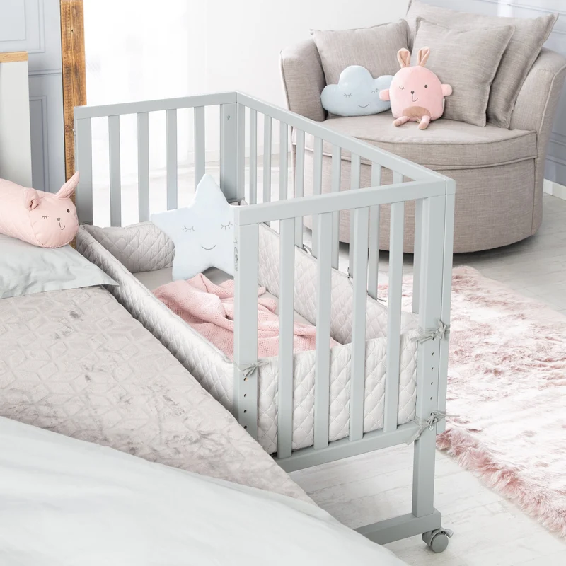 Stuben-/Beistellbett "roba Style" – 3 in 1 mit Barriere, Holz grau, inkl. Matratze u. Nestchen