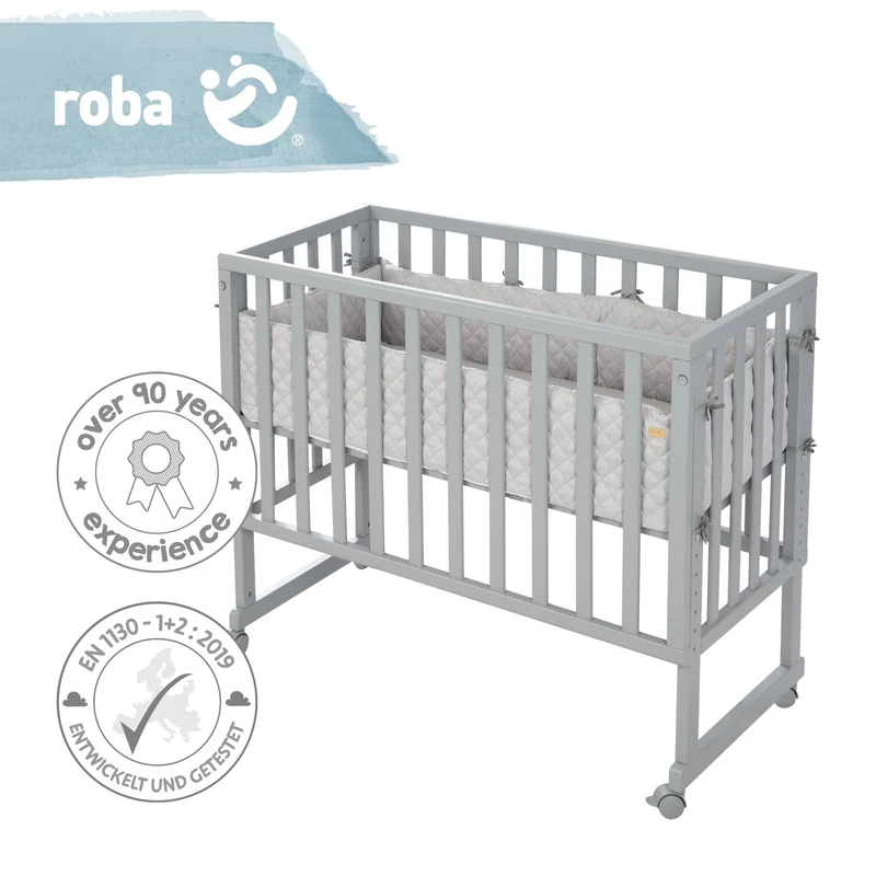 Stuben-/Beistellbett "roba Style" – 3 in 1 mit Barriere, Holz grau, inkl. Matratze u. Nestchen