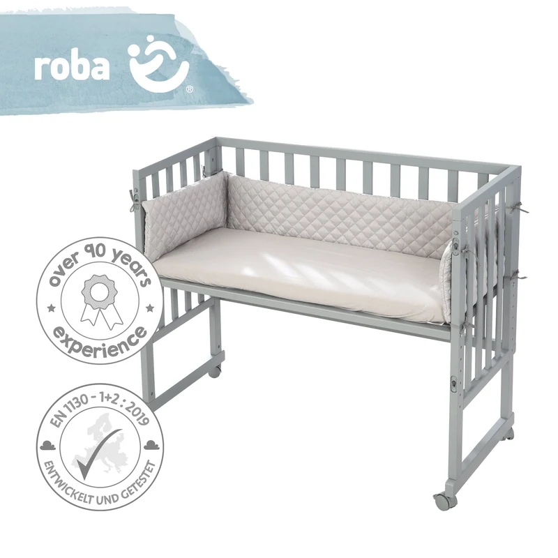 Stuben-/Beistellbett "roba Style" – 3 in 1 mit Barriere, Holz grau, inkl. Matratze u. Nestchen