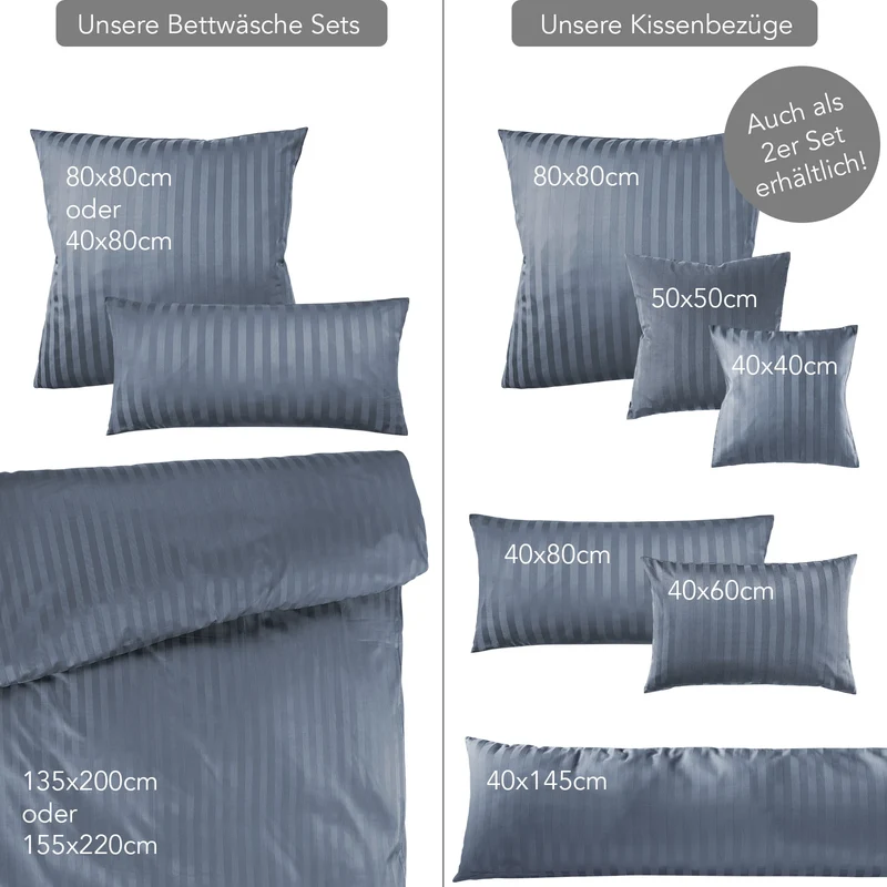 Mako Satin Damaststreifen Bettwäsche - Stahlblau - 135x200 + 80x80cm