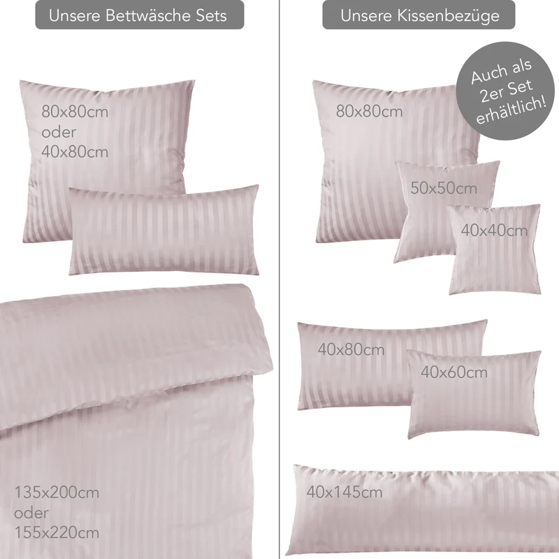 Mako Satin Damaststreifen Bettwäsche - Soft Rosa - 155x220 + 40x80cm