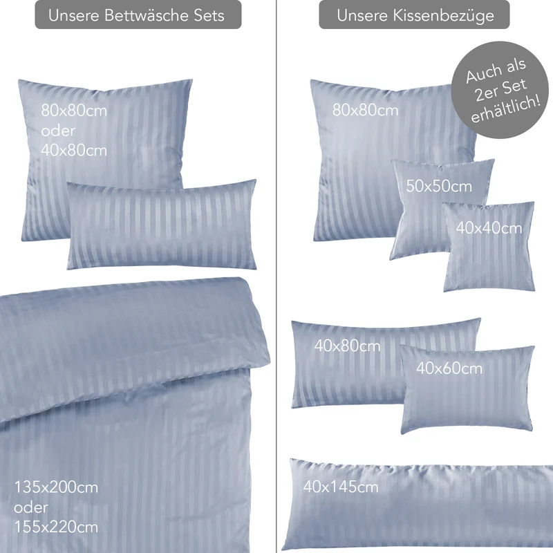 Mako Satin Damaststreifen Bettwäsche - Ice Blau - 135x200 + 80x80cm