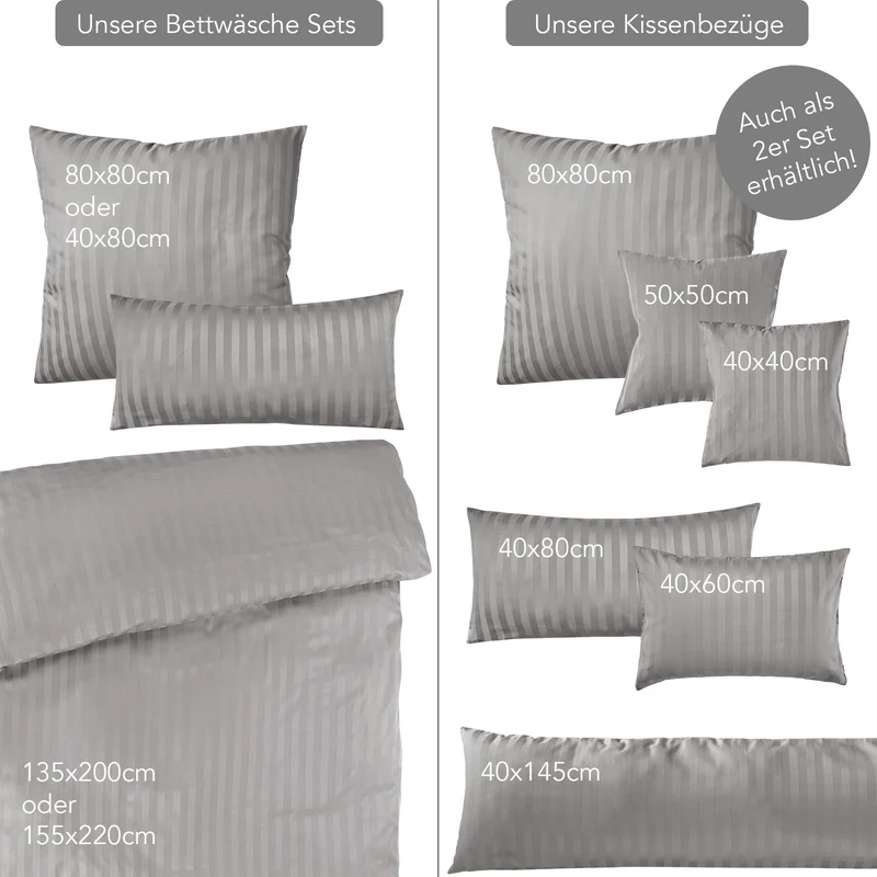 Mako Satin Damaststreifen Bettwäsche - Hellgrau - 155x220 + 80x80cm