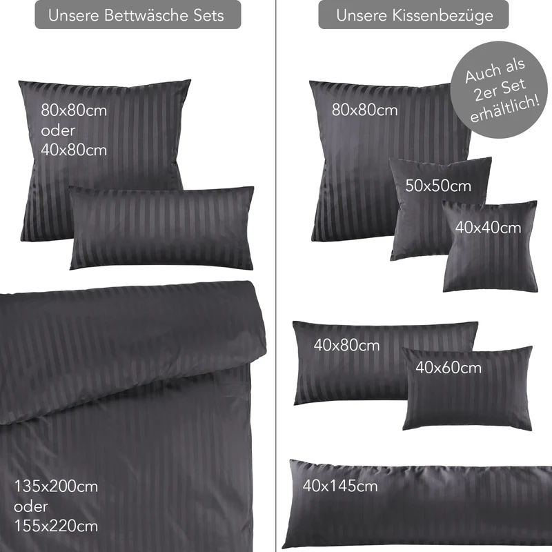 Mako Satin Damaststreifen Bettwäsche - Anthrazit - 155x220 + 80x80cm