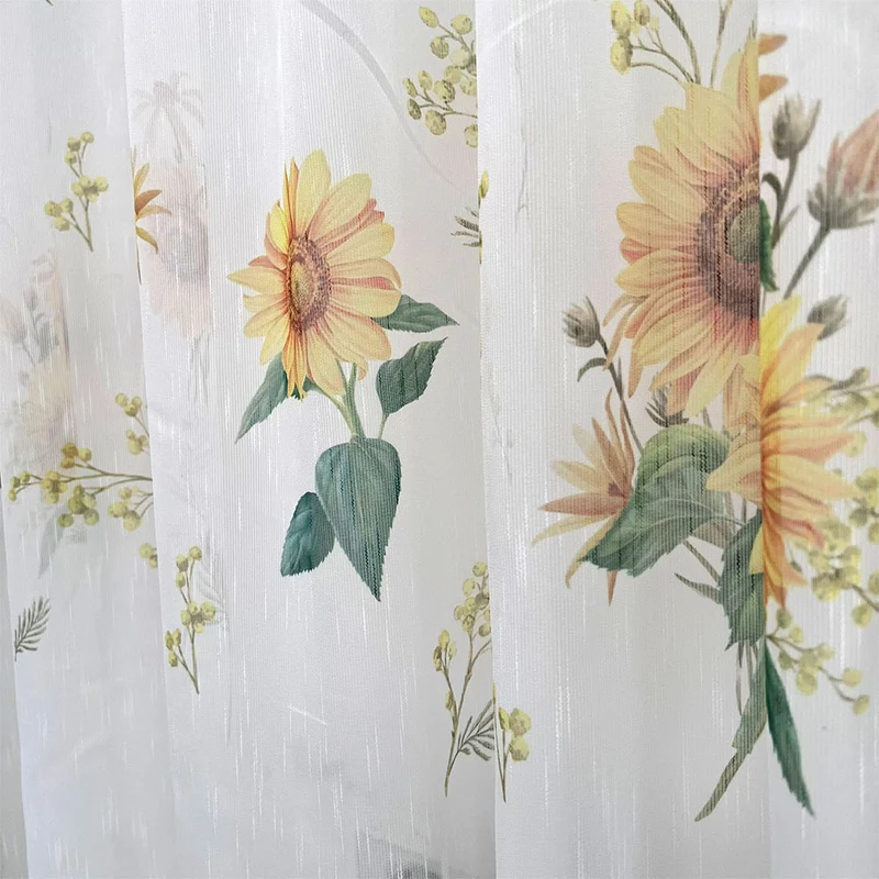 Küchenvorhang Sonnenblumenmuster Weiß – mit Kräuselband (1 Stück)