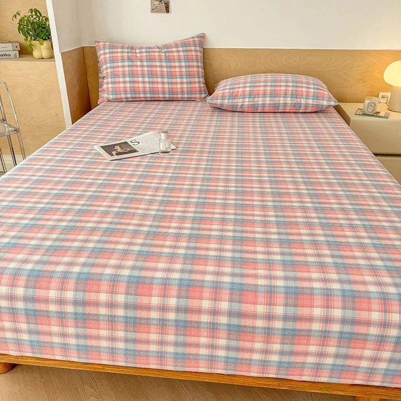 Kariertes Baumwoll-Spannbettlaken-Set mit verstellbarem Bettlaken und passenden Kissenbezügen