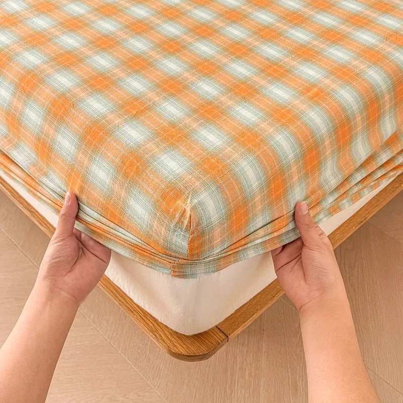 Kariertes Baumwoll-Spannbettlaken-Set mit verstellbarem Bettlaken und passenden Kissenbezügen