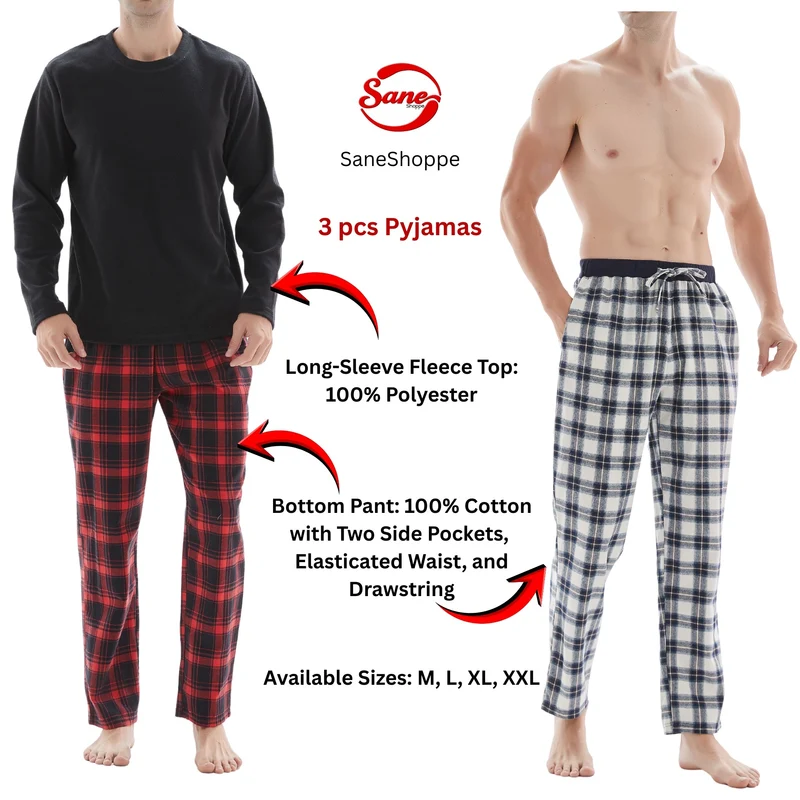 Herren-Pyjama-Set mit Karomuster und Fleece-Oberteil – 3-teiliges Set aus weißer und roter Baumwollhose