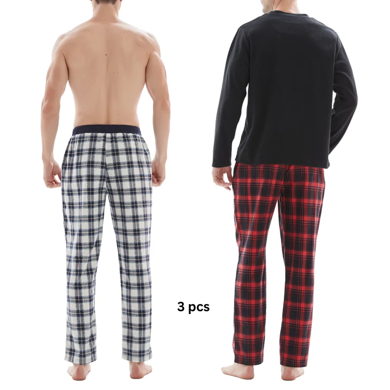 Herren-Pyjama-Set mit Karomuster und Fleece-Oberteil – 3-teiliges Set aus weißer und roter Baumwollhose