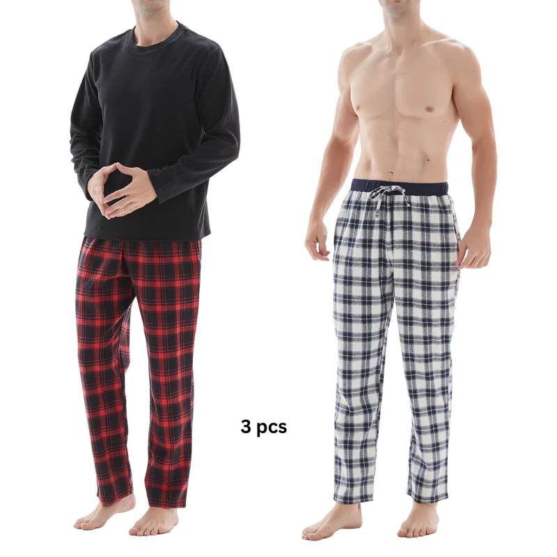 Herren-Pyjama-Set mit Karomuster und Fleece-Oberteil – 3-teiliges Set aus weißer und roter Baumwollhose