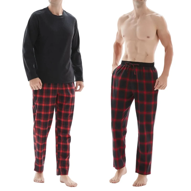 Herren-Pyjama-Set mit Karomuster und Fleece-Oberteil – 3-teiliges Set aus weißer und roter Baumwollhose