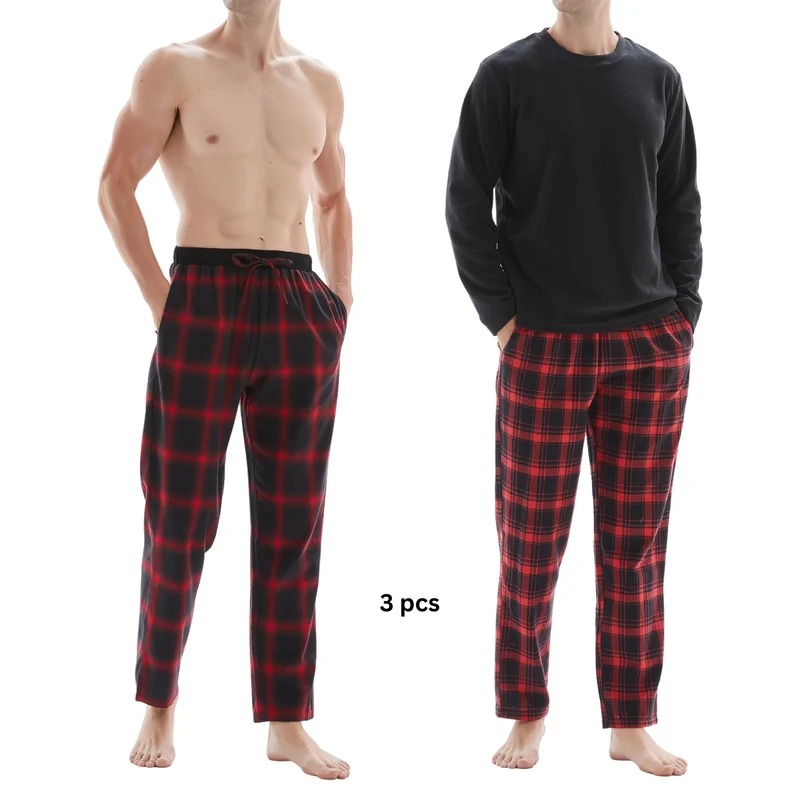 Herren-Pyjama-Set mit Karomuster und Fleece-Oberteil – 3-teiliges Set aus weißer und roter Baumwollhose