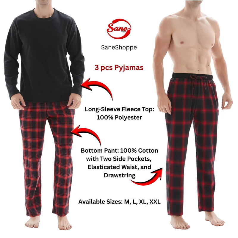 Herren-Pyjama-Set mit Karomuster und Fleece-Oberteil – 3-teiliges Set aus weißer und roter Baumwollhose