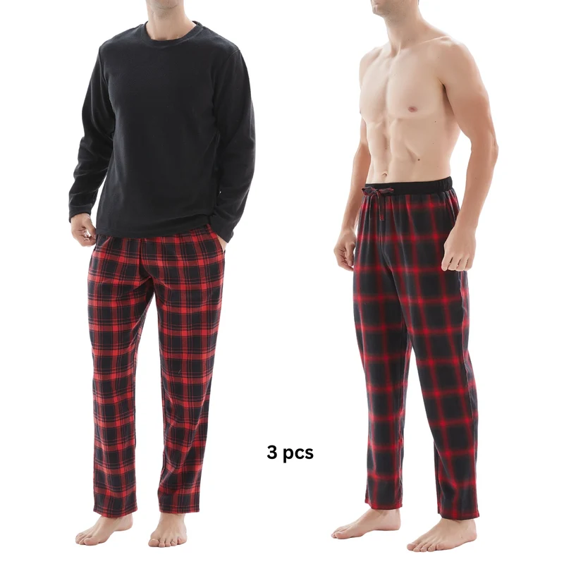 Herren-Pyjama-Set mit Karomuster und Fleece-Oberteil – 3-teiliges Set aus weißer und roter Baumwollhose