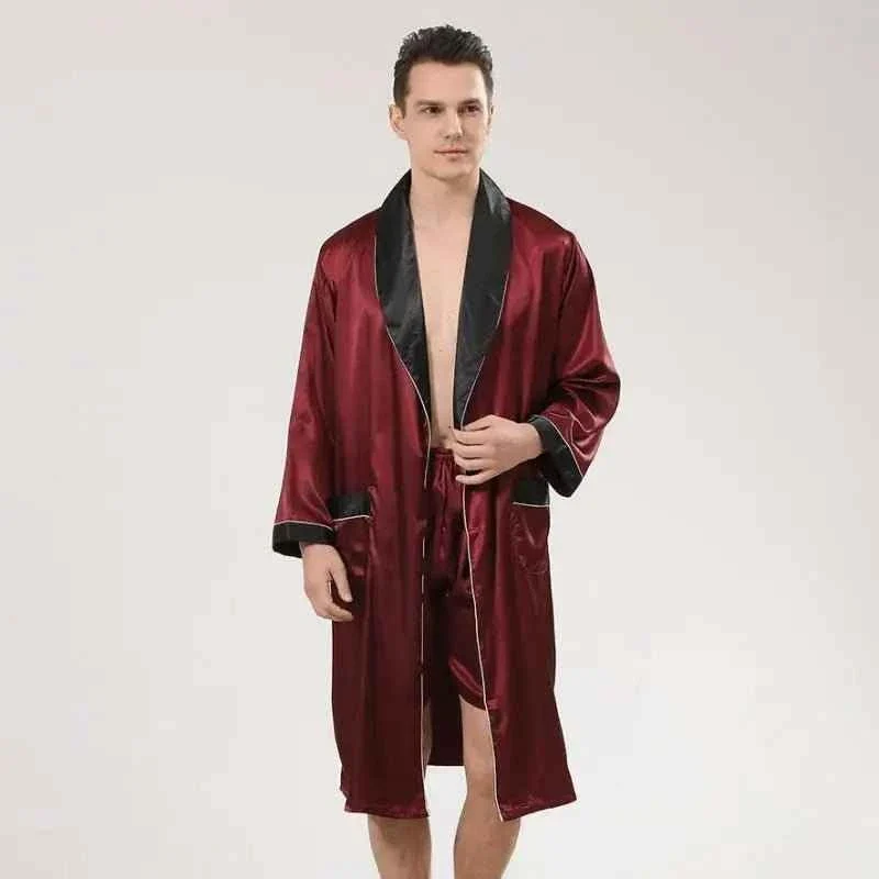 Satin-Bademantel-Set für Herren, langärmelig, 2-teilig, bestehend aus Bademantel und Shorts, seidiges Schlafset