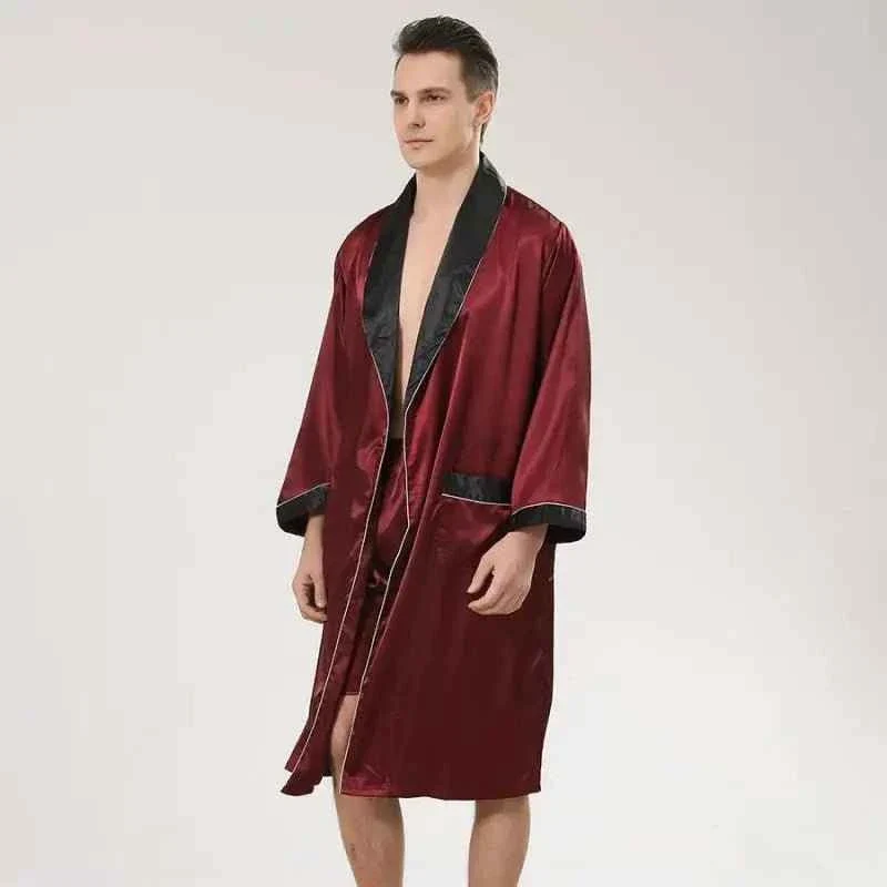 Satin-Bademantel-Set für Herren, langärmelig, 2-teilig, bestehend aus Bademantel und Shorts, seidiges Schlafset