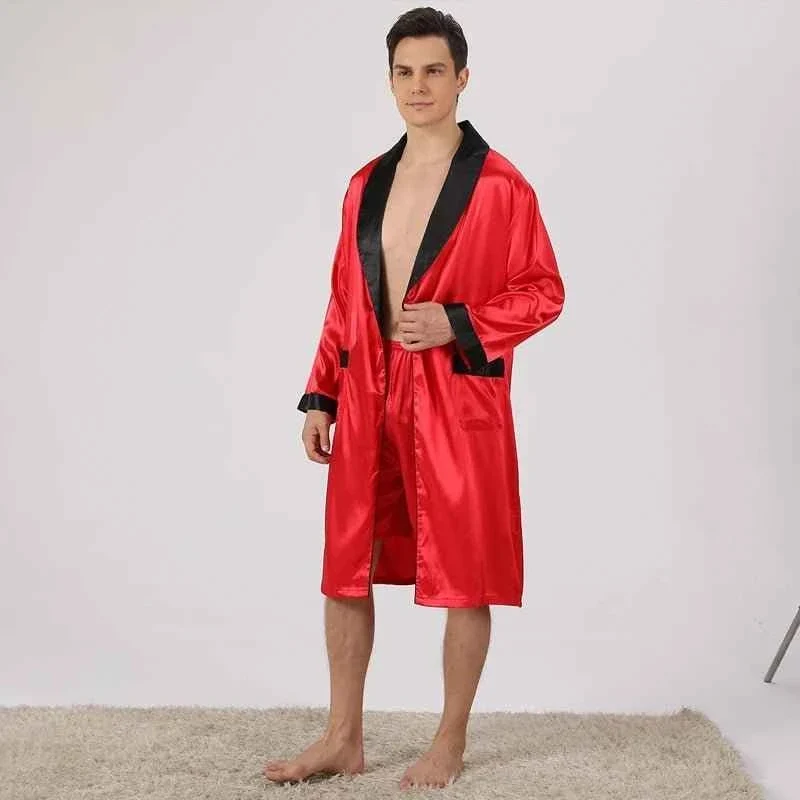 Satin-Bademantel-Set für Herren, langärmelig, 2-teilig, bestehend aus Bademantel und Shorts, seidiges Schlafset