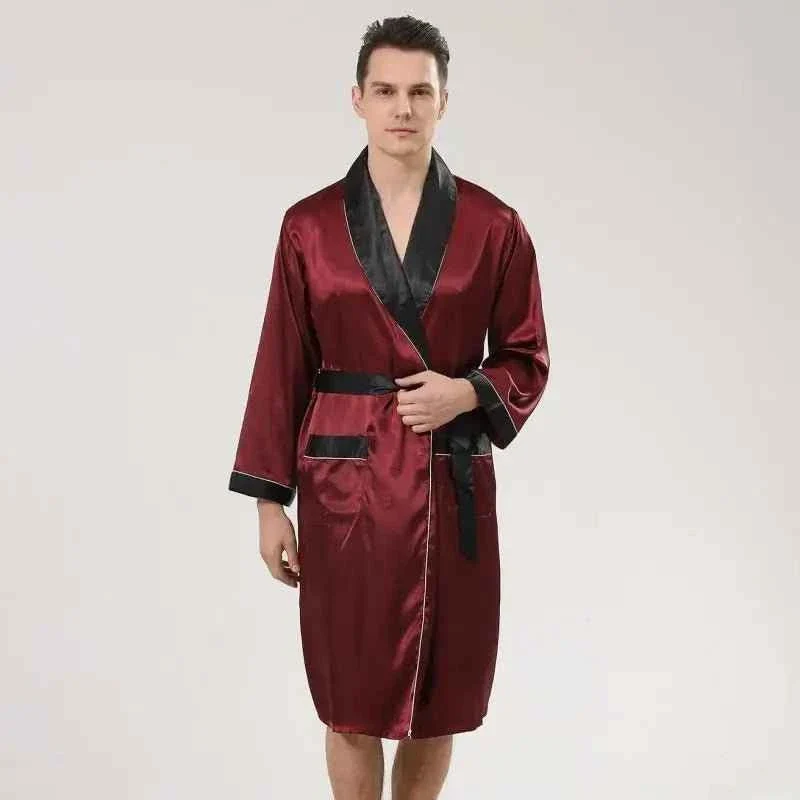 Satin-Bademantel-Set für Herren, langärmelig, 2-teilig, bestehend aus Bademantel und Shorts, seidiges Schlafset