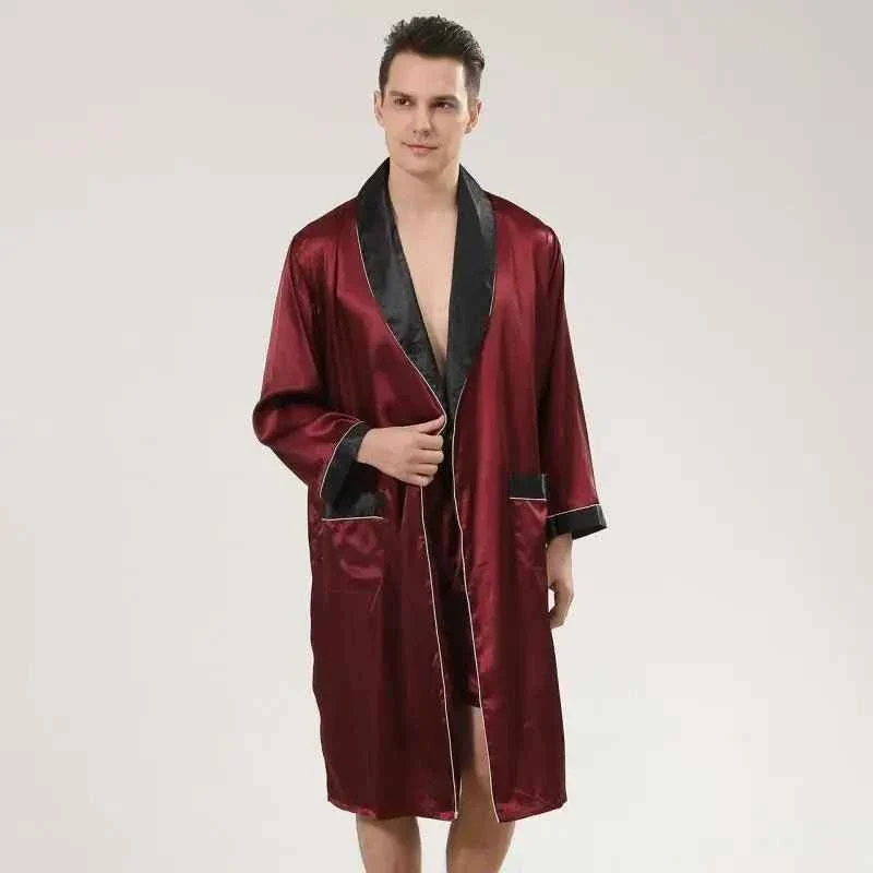 Satin-Bademantel-Set für Herren, langärmelig, 2-teilig, bestehend aus Bademantel und Shorts, seidiges Schlafset