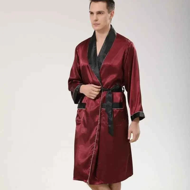 Satin-Bademantel-Set für Herren, langärmelig, 2-teilig, bestehend aus Bademantel und Shorts, seidiges Schlafset