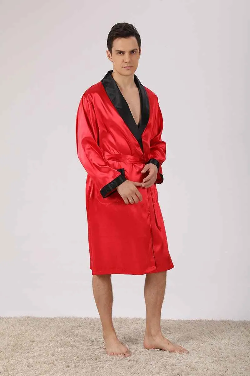 Satin-Bademantel-Set für Herren, langärmelig, 2-teilig, bestehend aus Bademantel und Shorts, seidiges Schlafset