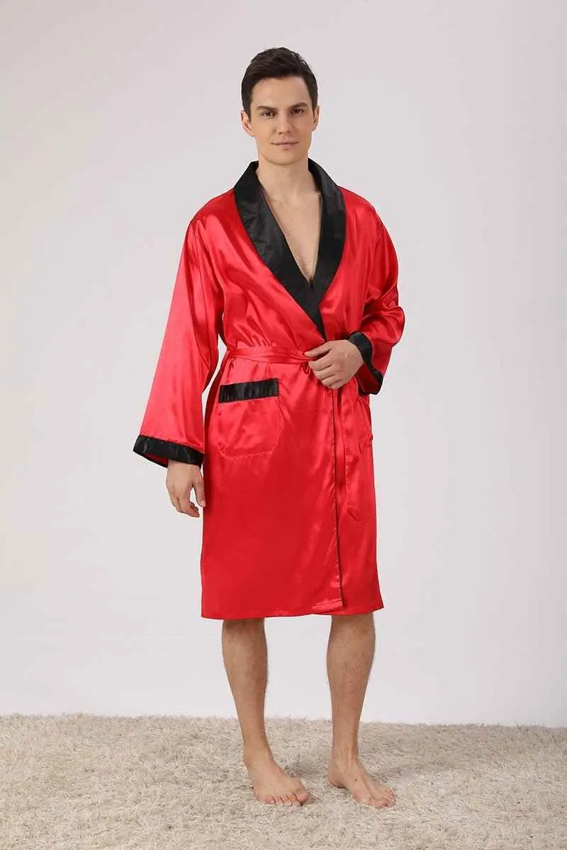 Satin-Bademantel-Set für Herren, langärmelig, 2-teilig, bestehend aus Bademantel und Shorts, seidiges Schlafset