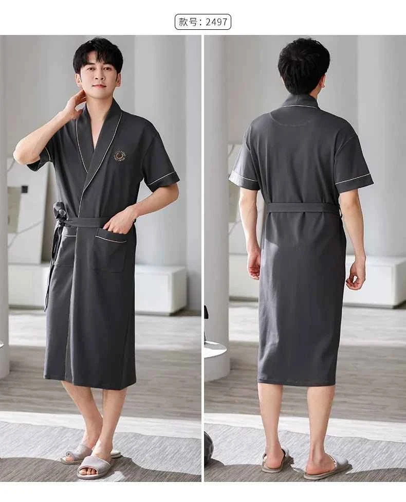 Herren-Bademantel aus weicher Baumwolle, Größe 4XL, Dunkelgrau, Kurzarm, einfarbig