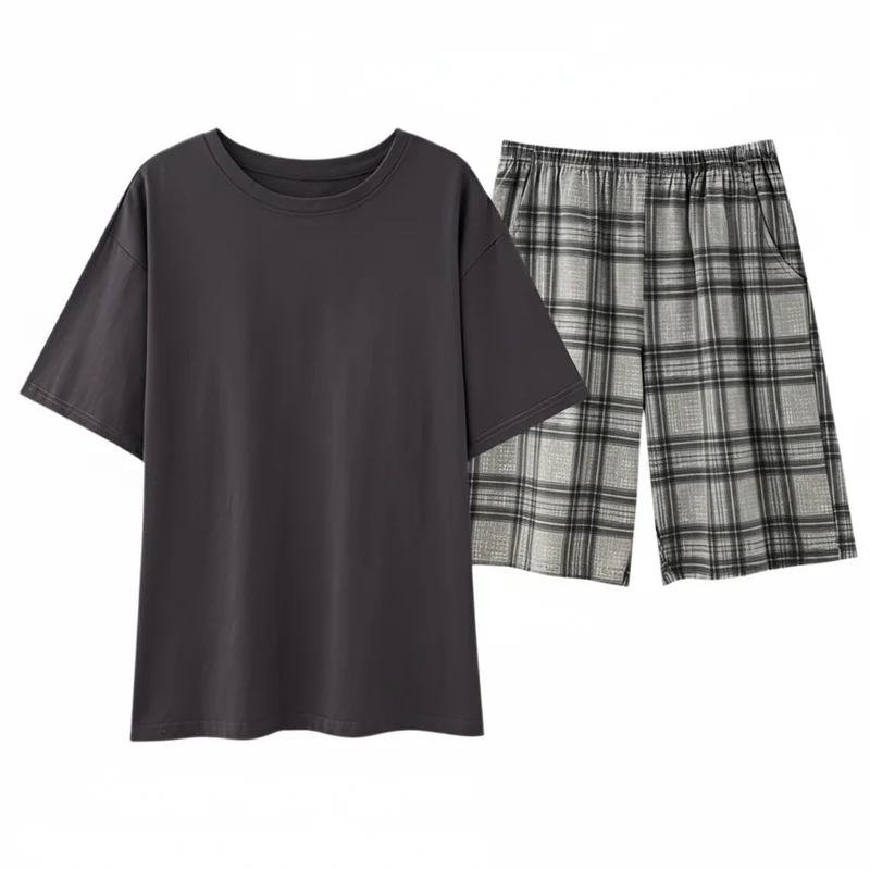 Sommerpyjama-Set für Herren – Kurzarm- und Shorts-Set aus Kunstbaumwolle