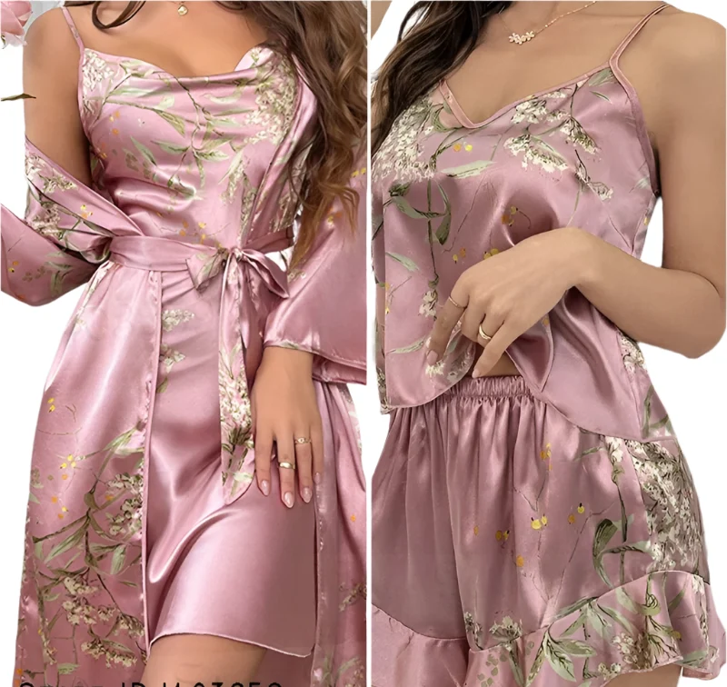 Satin-Bademantel-Set für Damen: Sexy bedruckter Kirsch-Satin-Bademantel, Nachthemd, 4-teilige Loungewear