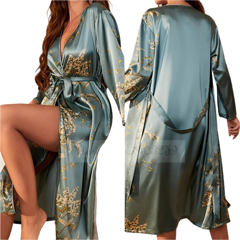 Satin-Bademantel-Set für Damen: Sexy bedruckter Kirsch-Satin-Bademantel, Nachthemd, 4-teilige Loungewear