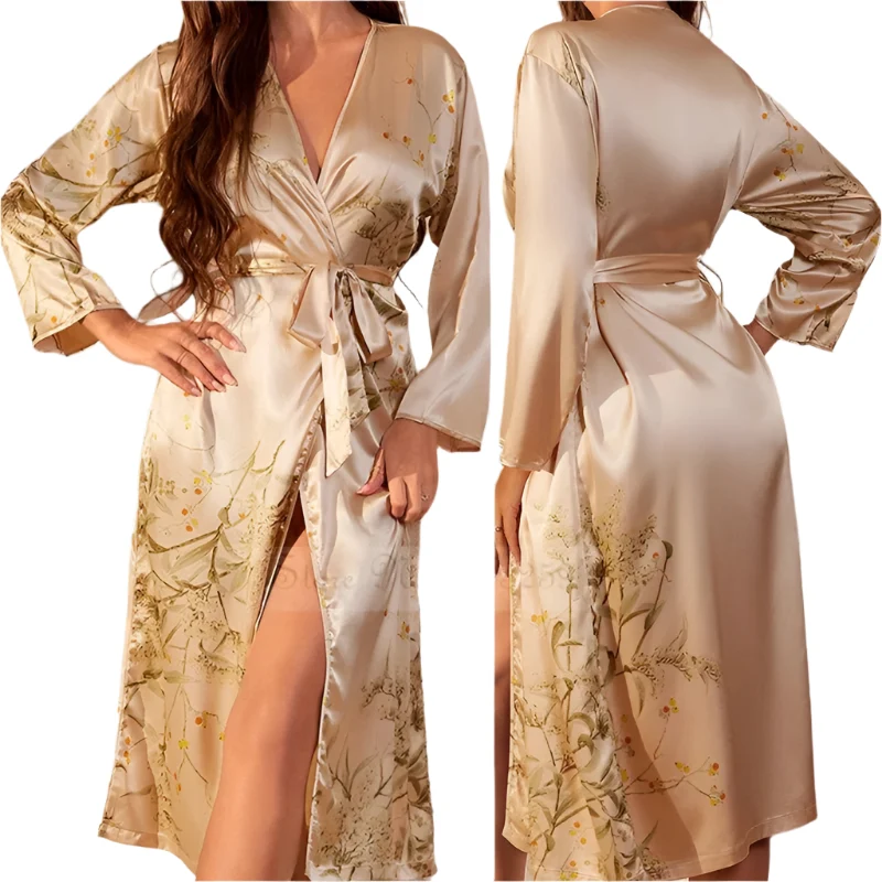 Satin-Bademantel-Set für Damen: Sexy bedruckter Kirsch-Satin-Bademantel, Nachthemd, 4-teilige Loungewear