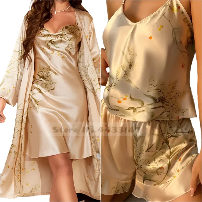 Satin-Bademantel-Set für Damen: Sexy bedruckter Kirsch-Satin-Bademantel, Nachthemd, 4-teilige Loungewear