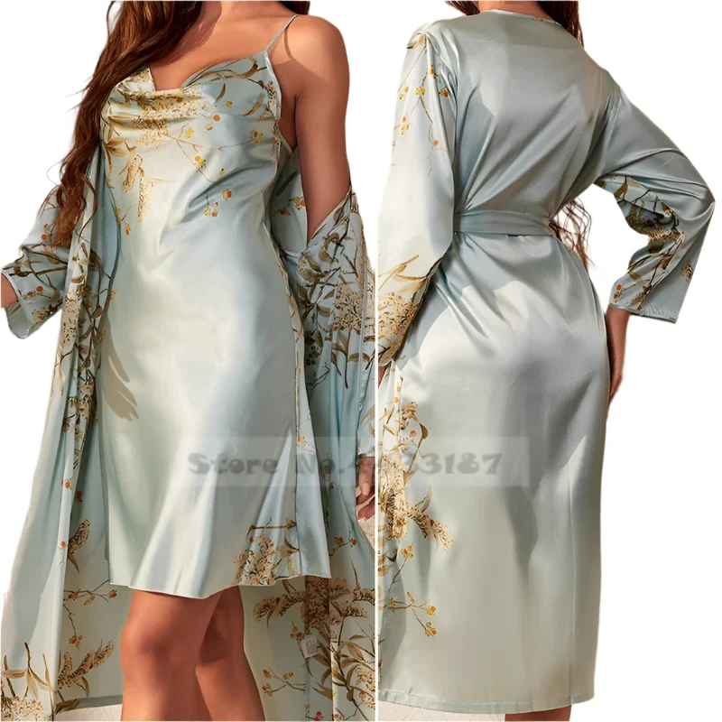 Satin-Bademantel-Set für Damen: Sexy bedruckter Kirsch-Satin-Bademantel, Nachthemd, 4-teilige Loungewear