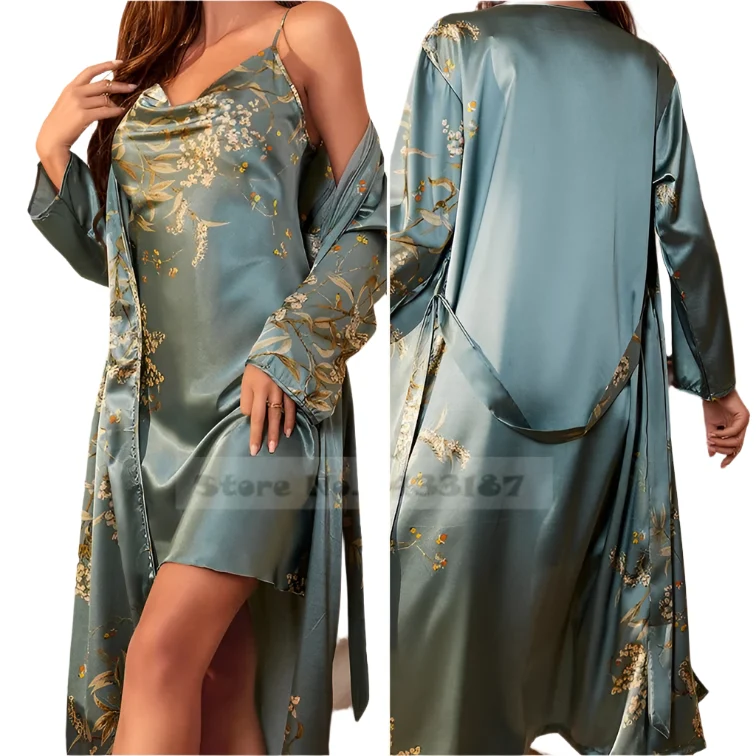Satin-Bademantel-Set für Damen: Sexy bedruckter Kirsch-Satin-Bademantel, Nachthemd, 4-teilige Loungewear