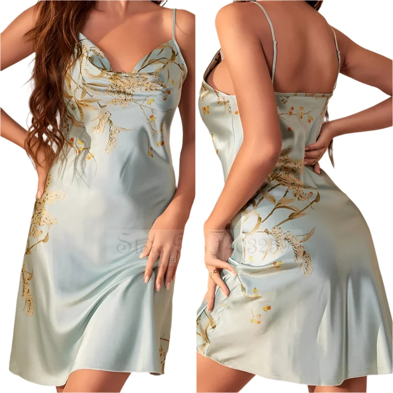 Satin-Bademantel-Set für Damen: Sexy bedruckter Kirsch-Satin-Bademantel, Nachthemd, 4-teilige Loungewear