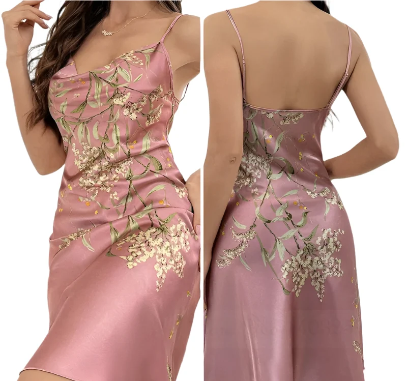 Satin-Bademantel-Set für Damen: Sexy bedruckter Kirsch-Satin-Bademantel, Nachthemd, 4-teilige Loungewear
