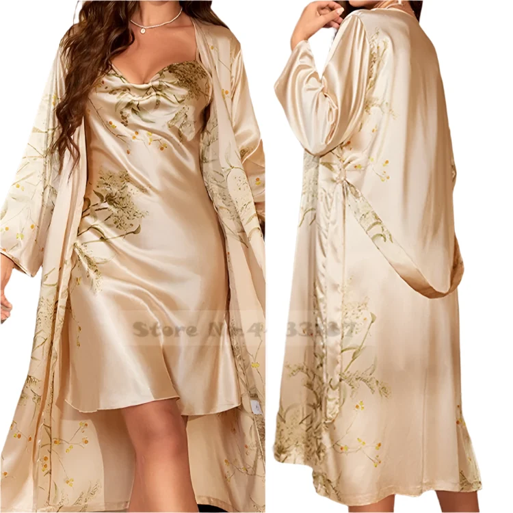 Satin-Bademantel-Set für Damen: Sexy bedruckter Kirsch-Satin-Bademantel, Nachthemd, 4-teilige Loungewear