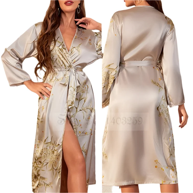 Satin-Bademantel-Set für Damen: Sexy bedruckter Kirsch-Satin-Bademantel, Nachthemd, 4-teilige Loungewear