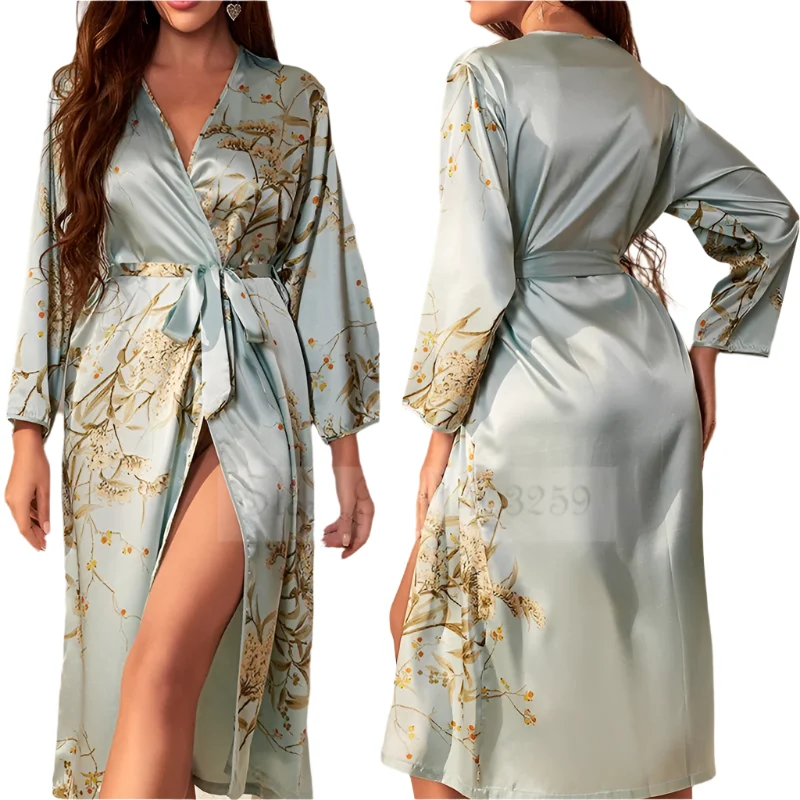 Satin-Bademantel-Set für Damen: Sexy bedruckter Kirsch-Satin-Bademantel, Nachthemd, 4-teilige Loungewear