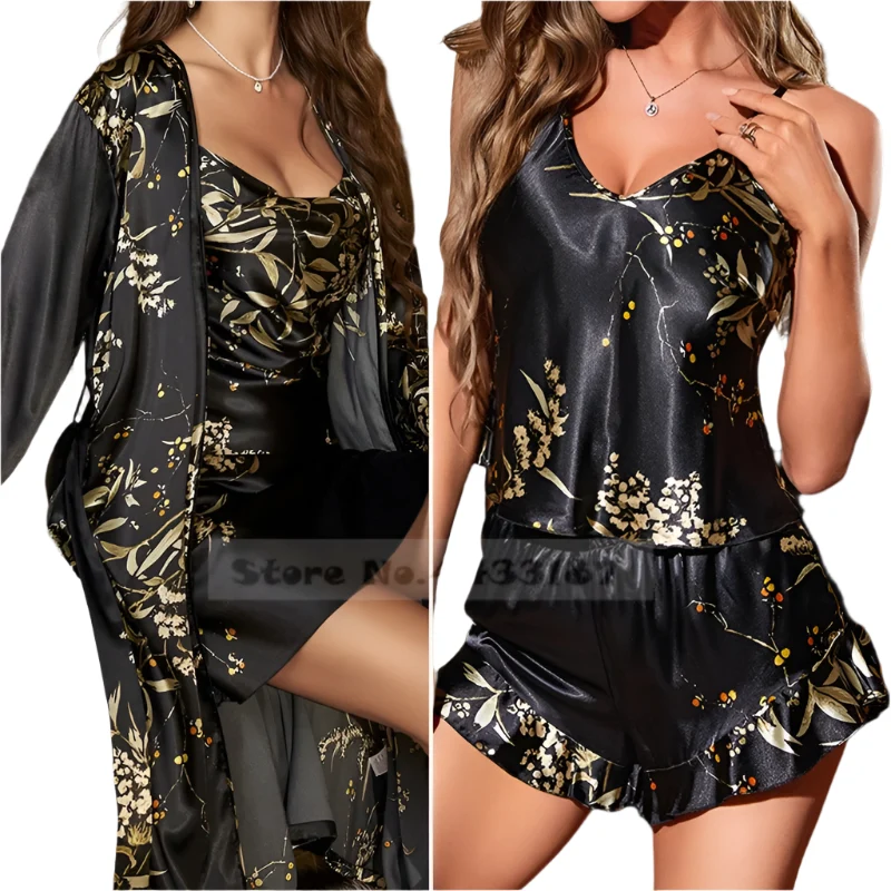 Satin-Bademantel-Set für Damen: Sexy bedruckter Kirsch-Satin-Bademantel, Nachthemd, 4-teilige Loungewear